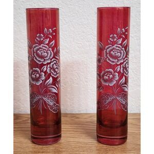 Cranberry Etched Glass Roses & Leaves Cylinder Tube Bud Vase‎ 7.5" Tall Lot Of 2